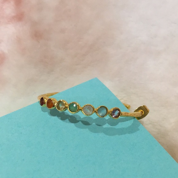 Shaanti Natural Gemstone Encrusted Hoop Earrings Gold Toned Alloy NWT 1.75” hoop - Picture 9 of 11